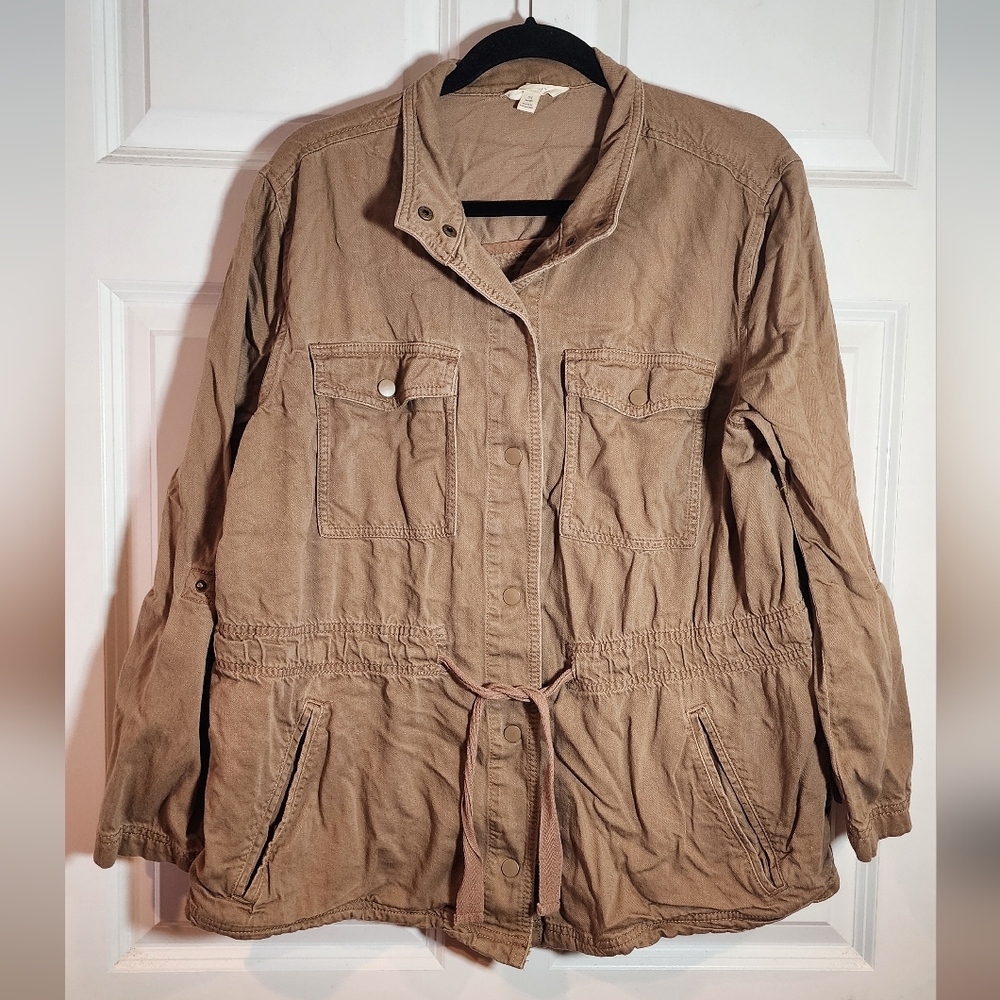 Terra & Sky Tan Cotton Blend Snap Up Waist Tie Jacket 0X